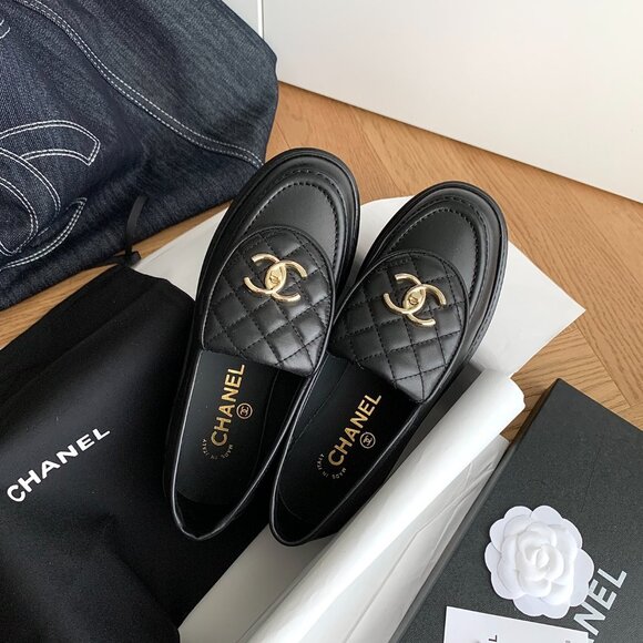 Chanel Black Loafers with Gold Emblem - Picture 2 of 9